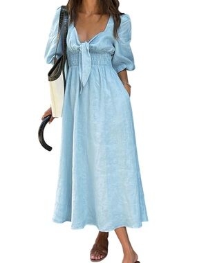 Commense Linen Light Blue Cotton Tie Front Midi Dress Medium Puff Sleeve NWT